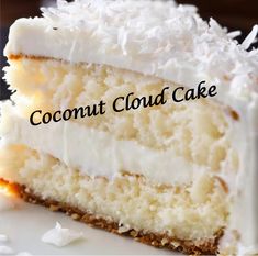 a piece of coconut cloud cake on a plate with the words coconut cloud cake above it