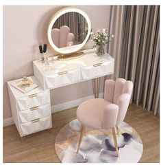 a room with a vanity, chair and mirror