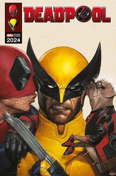 the cover to deadpool comic book, featuring two men in yellow costumes and one is holding