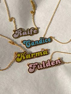 "COLORFUL NAME NECKLACE Material: High Quality Solid 925 Sterling Silver Finish: Sterling Silver / Gold / Rose Gold All pieces will come with a 2\" extension chain so you can fine tune the fit. Enamel colors: Lilac, White, Dark Blue, Turquois, Orange, Pink, Yellow, Green, Red, Mint Green, Blue, Black, Purple. ♡ The most unique jewelry you can find, perfect gift for you and your loved one. ♡ All of our jewelry is handcrafted with enthusiasm and great care in our workshop. ► HOW TO ORDER * Simply Personalized Multicolor Charm Necklaces, Pink Nameplate Necklace For Birthday, Pink Nameplate Necklace, Customized Pink Nameplate Necklace, Customizable Pink Nameplate Necklace, Pink Nameplate Necklace For Personalized Gift, Pink Nameplate Necklace With Name Detail, Vintage Nameplate Necklaces, Vintage Silver Name Necklace