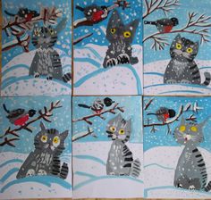 four pictures of cats in the snow with birds on their backs and one cat holding a branch