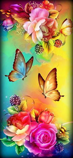 colorful flowers and butterflies with water droplets on the bottom, in front of a rainbow background