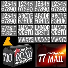 mailbox decals with the letters and numbers in white on black background, set of 7