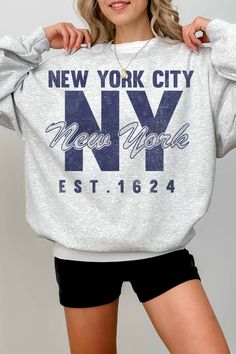 NYC Est. 1624 Graphic Crewneck | JQ Clothing Co. City Sweatshirt, Cherry Delight, Bold Graphic Design, Figure Flattering Dresses, Bow Print, Crewneck Style, Print Sweatshirt, Graphic Crewneck, Black Pattern