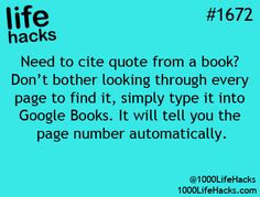 a blue background with the words, life hacks need to cite quote from a book? don't either looking through every page to find it,