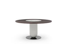 a round table with a white base and brown top