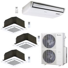 three air conditioners are shown next to each other and one is on the ceiling