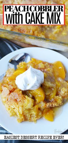 peach cobbler with cake mix on a white plate