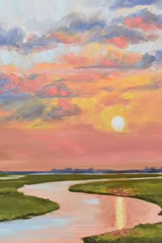 an oil painting of a sunset over a marshy area with green grass and pink clouds