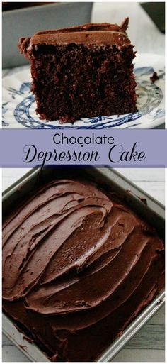 chocolate cake with frosting in a pan and on a plate next to the same one