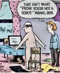 a cartoon depicting two men talking to each other in front of a table with a computer on it