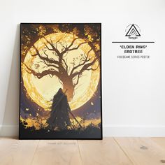 a poster with the image of a woman standing in front of a full moon and tree