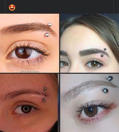 four pictures of different types of eyes with piercings on their forehead and eyebrows, all showing