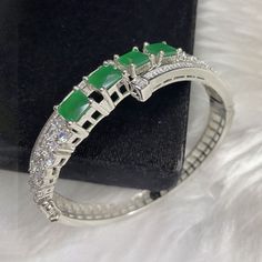 CFC3565 Silver Plated Dark Green Bangle Evening Cocktail Imitation Jewelry Indian Wedding Bridal Necklace Set Bijoux Size 2.2 inches