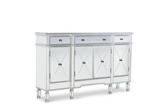 a white cabinet with mirrored doors and metal legs