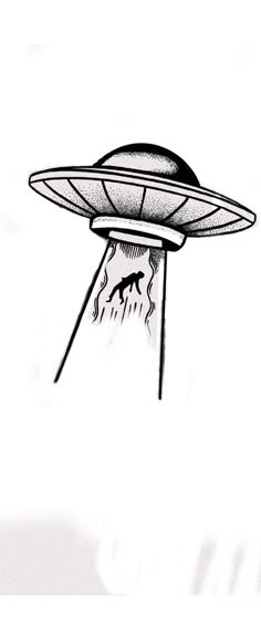 a black and white drawing of a flying saucer