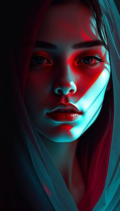 a digital painting of a woman's face with red and blue light coming from her eyes