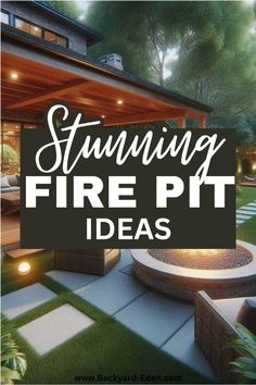 a fire pit surrounded by grass with the words stunning fire pit ideas