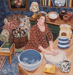 a painting of a woman kneading dough into a bowl on a kitchen counter