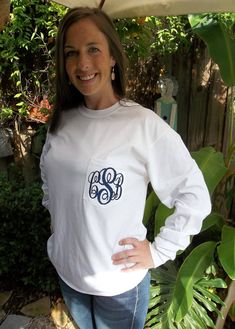 SALE on select sizes/colors (Closing out this item) Trendy Custom Personalized Monogrammed Embroidered Long Sleeve Pocket T for ladies!! Any monogram color (if pink, please specify light, medium or hot pink).  *Pocket will be sewn shut. Unisex (Men's) Long Sleeve T Shirt: Include: Thread Color Initials (traditionally;   first, LAST, middle)  **Please indicate last name to avoid any confusion on placement of initials. T Shirt Sale, Pocket T Shirt, Pocket Tee Shirts, Embroidered Initials, Embroidered Monogram, Men's Long Sleeve T-shirt, Boyfriend Shirt, Personalized Embroidered, Personalized Monogram