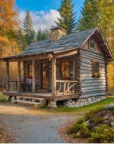 a small log cabin in the woods surrounded by fall foliage and trees with yellow leaves