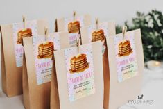 small brown paper bags with pancakes on them