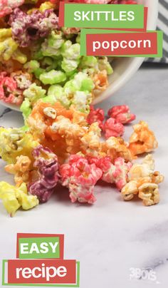 colorful popcorn with the words skittle's popcorn on it and an easy recipe below