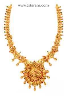 22 Karat Gold 'Lakshmi Ganesha' Necklace with Color Stones (Temple Jewellery) - 235-GN3812 - in 30.800 Grams for USD $2495.79. 
Made in India by Totaram Jewelers Online this product is in Gold - 22 Karat BIS Hallmark 916 KDM Gold  & is an excellent gift for Adult - Women. Ships fully insured with secured guaranteed delivery for free with your order over $250 from New Jersey USA & comes with 30 days exchange policy. Luxury Fusion Style Temple Necklace In 22k Gold, Luxury Gold Bollywood Temple Necklace, Luxury 22k Gold Temple Necklace For Ceremonial Occasions, Luxury Temple Necklace For Diwali Gift, Luxury Temple Necklace For Navratri Gift, Luxury Gold Dual-tone Temple Necklace, Luxury Red Temple Necklace For Gift, Luxury Brass Temple Necklace For Festive Season, Luxury Ceremonial Temple Necklace For Women