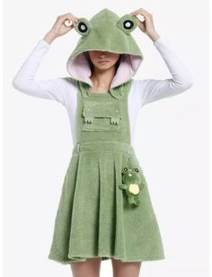 Frog Cosplay Hooded Skirtall Over The Garden Wall Costume, Frog Cosplay, Fabric Overalls, Zipper Outfit, Frog Costume, Green Cute, Cute Hat, Tall Hoodies, Over The Garden Wall