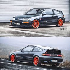 two pictures of the same car with orange rims