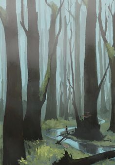 a painting of a person walking in the woods near a stream and fallen tree trunks