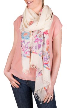 Add the perfect finishing touch to your ensemble with this frayed-trim cotton scarf patterned with a colorful floral print. 39" W x 75" L Cotton Hand wash, line dry Imported Bohemian Cotton Scarf With Floral Print, Bohemian Cotton Scarves With Floral Print, Casual Beige Shawl For Spring, Beige Floral Print Scarves For Spring, Beige Floral Print Scarf For Spring, Cream Floral Print Scarves For Spring, Spring Bohemian Pashmina Scarves, Bohemian Pashmina Scarves For Spring, Summer Cotton Scarf With Floral Print