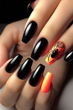 unique halloween nails Halloween N Ails, Halloween Colors For Nails, Oct Nail Designs, Halloween Almond Shape Nails, Halloween Nails Simple Black, Halloween Nails Spiders, Professional Halloween Nails, Halloween Fingernails Designs, Black And Orange Halloween Nail Designs