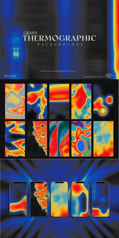 an advertisement for thermogramic magazine with images of different colors and shapes