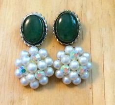 1 inch faux pearl and AB crystal clip-on earrings  and dark green oval clip on earrings Excellent Condition Handmade Green Elegant Clip-on Earrings, Vintage Pearl Clip-on Earrings For Gift, Elegant Green Nickel-free Clip-on Earrings, Vintage Pearl Clip-on Earrings As Gift, Green Clip-on Metal Jewelry, Green Metal Clip-on Jewelry, Round Clip-on Costume Jewelry, Elegant Green Oval Clip-on Earrings, Party Clip-on Oval Jewelry