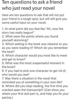 an open book with the text'ten questions to ask a friend who just read your novel