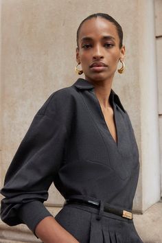 Prepare For A Seasonal Shift And Redefine Your Everyday Rotation With New Shapes, Clean Cuts, And Purposeful Pieces. Explore New Obsessions: Pre Fall. Feel Elevated In Our Classic Shirt, Featuring A Relaxed Fit, And A Deep V Neckline. This Piece Can Be Easily Paired With Anything From Tailored Trousers To Denim Jeans For Looks That Go From Office Days To Dinner Dates. Tailored Wide Sleeve Plunge Shirt Flattering Relaxed Fit Classic, Collared Neckline Statement Plunging V Neckline Unique Wide Sle Deep Plunge Dress, Wrap Dresses Summer, Bride Jumpsuit, Dress Work Outfit, Wedding Pants, Summer Bridesmaids, Transitional Fashion, Winter Wedding Guest Dress, Summer Bridesmaid Dresses