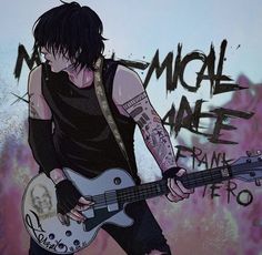 a man with black hair and tattoos playing an electric guitar in front of a graffiti covered wall