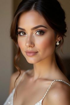 a beautiful woman in a white dress with pearls on her head and eyes are looking at the camera