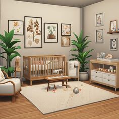 a baby's room is decorated in neutrals and whites, with plants on the wall