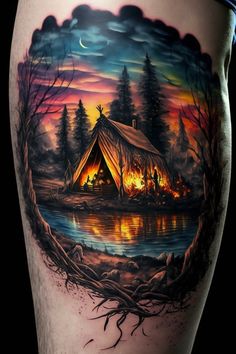 a man's thigh with a painting on it that has a campfire in the woods