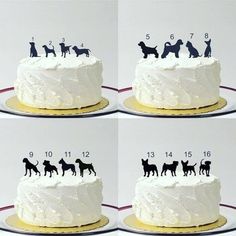 four pictures of a cake with dogs on it and numbers in the top left corner