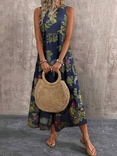 SHEIN LUNE Women Sleeveless Dress With Plant Print | SHEIN USA Casual Floral Print Sleeveless Dress For Beach Season, Casual Sleeveless Floral Dress For Beach Season, Casual Floral Print Maxi Sleeveless Dress, Casual Sleeveless Midi Dress With Floral Print, Casual Sleeveless Floral Print Midi Dress, Casual Sleeveless Floral Print Dress, Casual Sleeveless Sundress With Floral Print, Casual Sleeveless Floral Print Sundress, Casual Floral Print Sleeveless Sundress