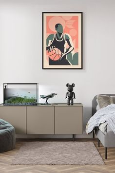 a bedroom with a bed, dresser and art on the wall