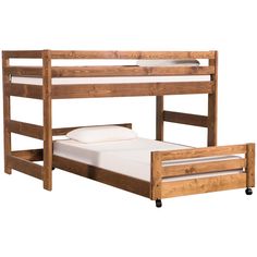 a wooden bunk bed with two mattresses on each side and one under the bed