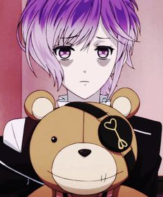 a girl with purple hair holding a teddy bear