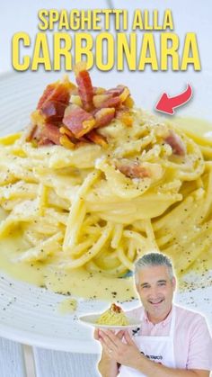 a man holding a plate of food in front of him with the caption spaghetti alla carbonara