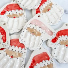 christmas ornaments with santa claus on them are shown in red and white colors, including one for the mouth