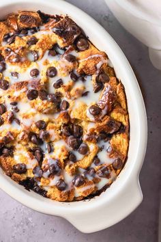 a casserole dish filled with chocolate chips and cream