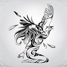 a bird with feathers flying in the air, black and white drawing on a gray background